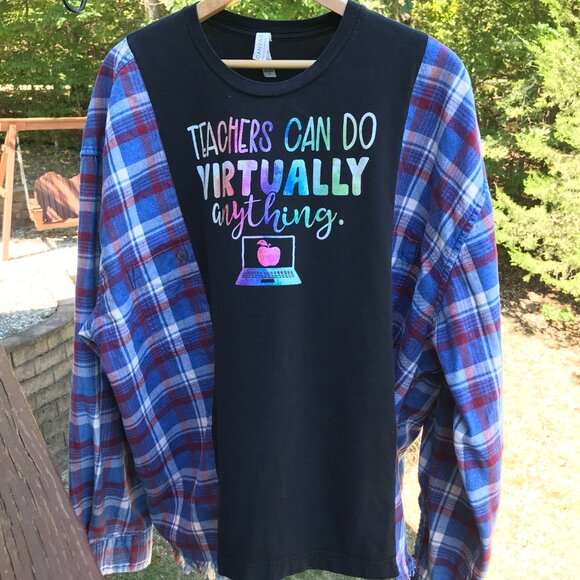 Reworked Flannel Tee, L-2XL: Upcycled Oversized Pullover Shirt, Teacher Graphic - Picture 6 of 11